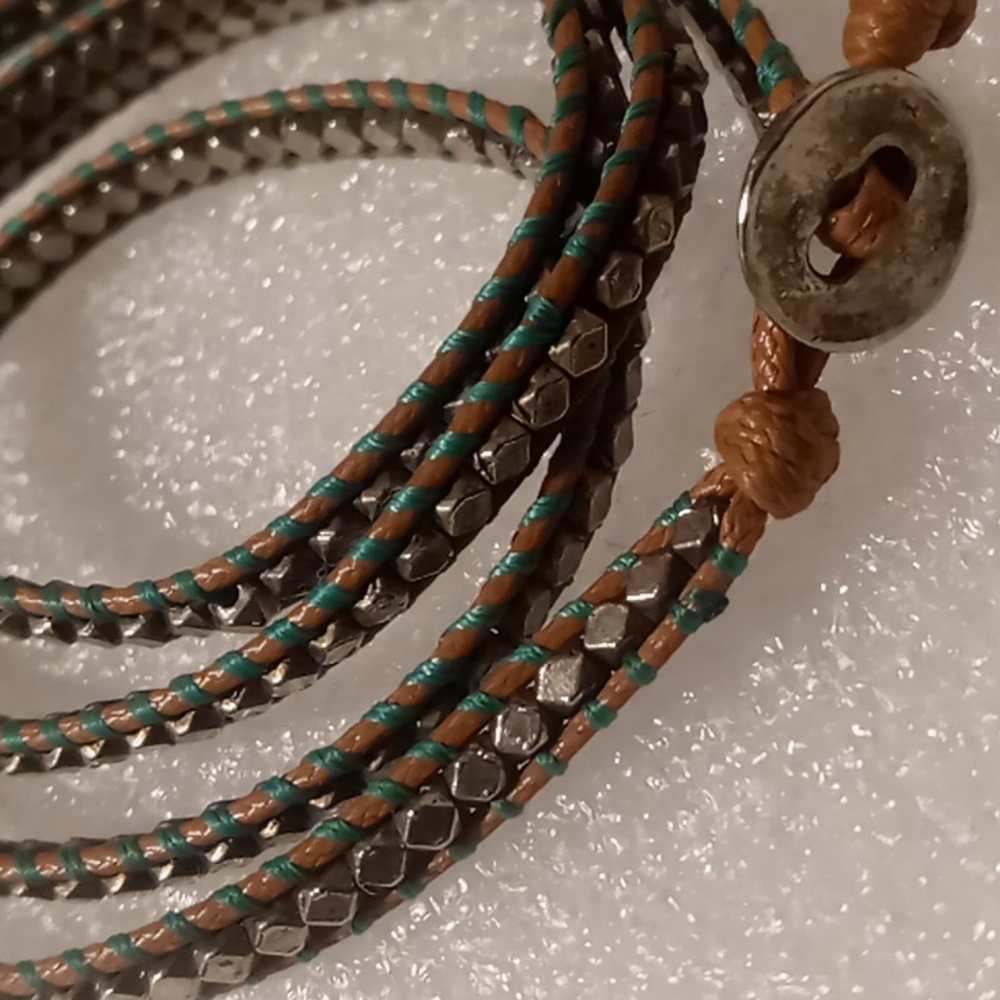 Wrap bracelet 4xs wrap tan waxed nylon, metal beaded threaded with teal